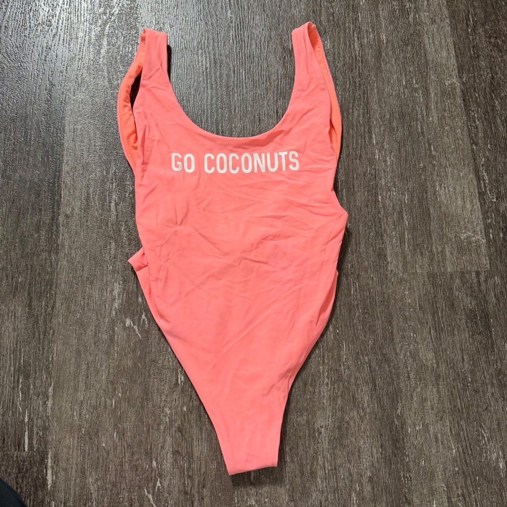 Aerie Go Coconuts One Piece Swimsuit Coral Pink High Leg Scoop Back Medium
